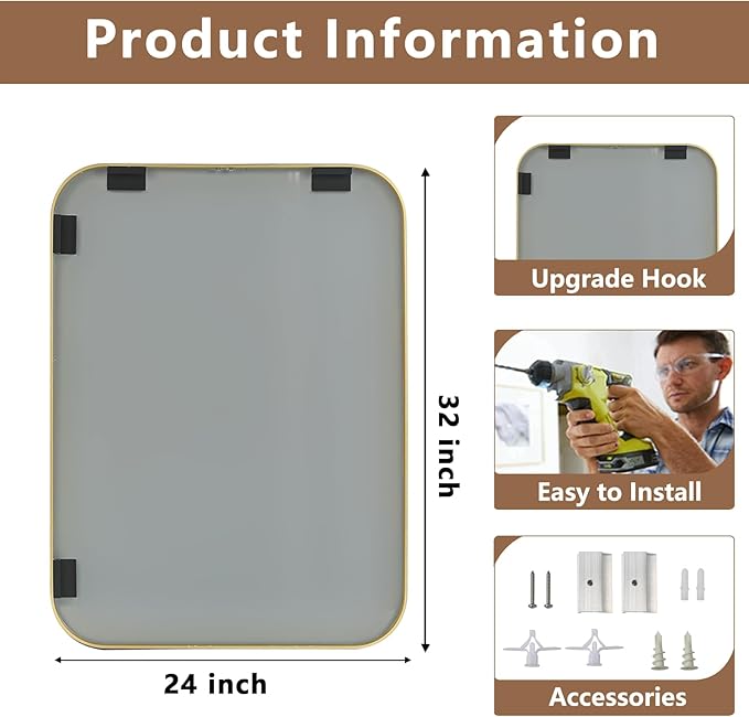 Brushed Gold Mirror, Metal Frame Rectangle Corner Vanity Mirror, Wall Mounted - Image 6