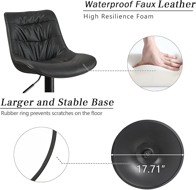 Kidol & Shellder Bar Stools Set of 2 Adjustable Swivel Black, PU Leather - Image 7