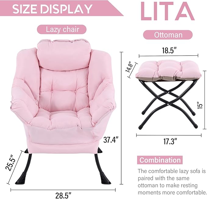 LITA Lazy Chair with Ottoman, Modern Accent Leisure Upholstered Sofa, - Image 3