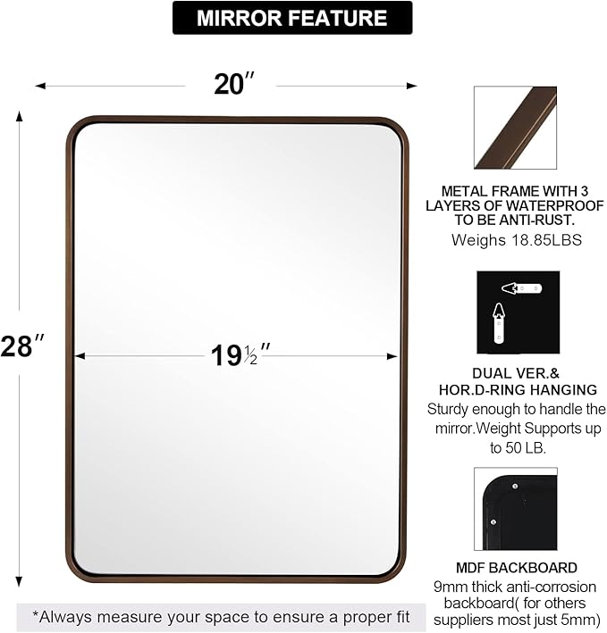 ANDY STAR Bronze Mirror for Wall, 20x28 Rounded Rectangle Farmhouse Mirror - Image 2