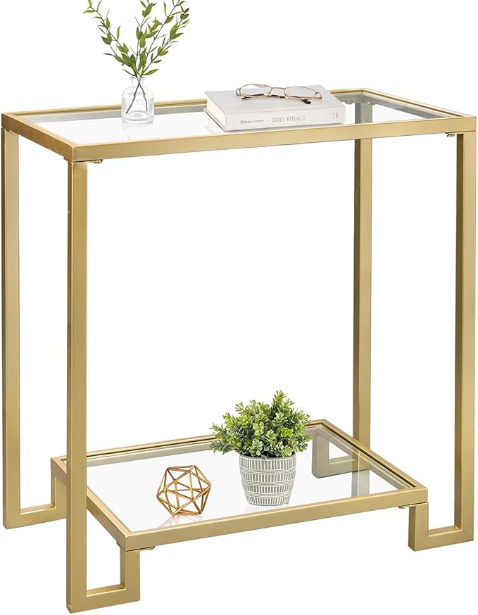 2 Tier Rectangular Side Table, Modern Metal Clear Coffee Table，Small Accent by GIFTTROVE
