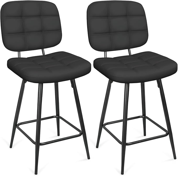 Bar Stools Set of 2, 24 Inch Upholstered Metal Barstool by ERGOSEAT