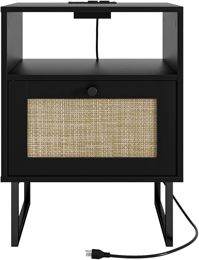 Rattan Nightstand with Charging Station, Boho Night Stand Farmhouse Wood - Image 8