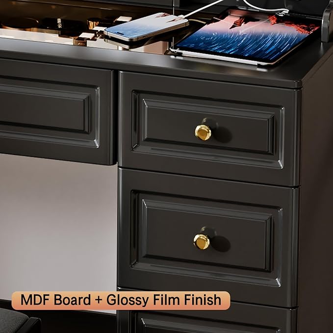 42" Makeup Vanity Desk with Mirror and Lights, & Power Outl, Glass Top Big - Image 7