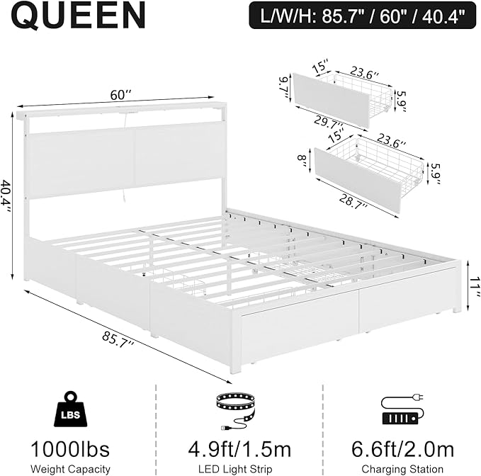 Queen Bed Frame with 4 Storage Drawers Bed Frame Queen Size with Headboard LED - Image 2