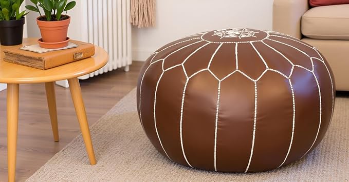 Stuffed Round Design Moroccan Faux Leather Pouf Ottoman, Pre-Filled, 100% - Image 2