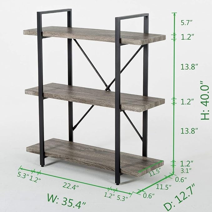 HSH 3-Shelf Bookcase, Rustic Gray 3 Tier Bookshelf, Vintage Industrial Wooden - Image 2