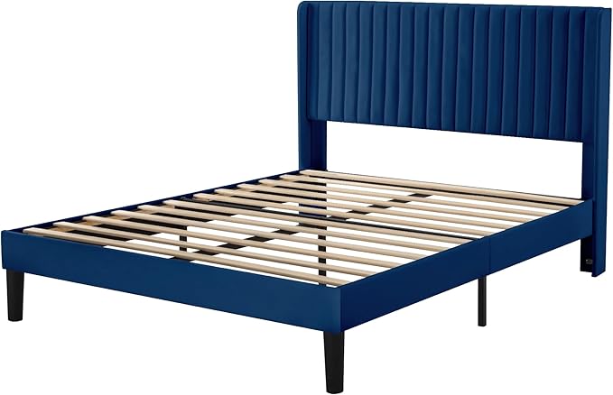 Allewie Queen Size Velvet Bed Frame/Vertical Channel Tufted Wingback - Image 8