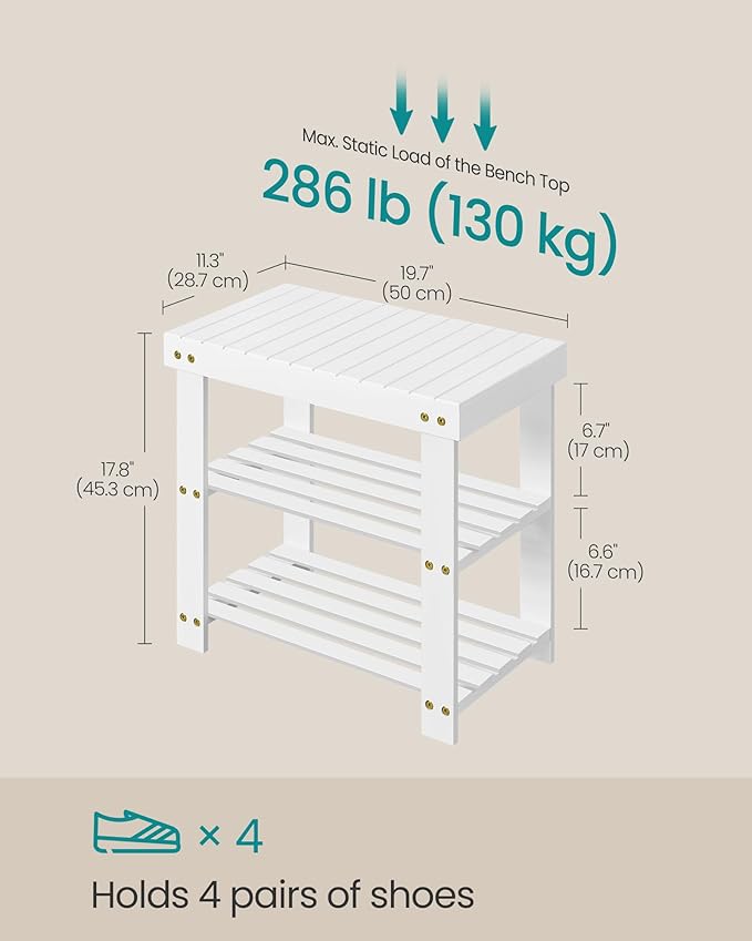 SONGMICS Shoe Rack Bench, 3-Tier Bamboo Shoe Storage Organizer, Entryway Bench - Image 2