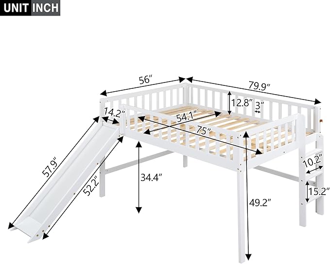 Full Size Low Loft Bed with Ladder and Slide, Vertical Design Wooden Bed Frame - Image 2