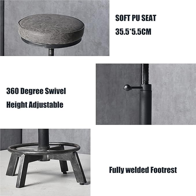 Set of 2 Swivel Pu Seat Bar Stools Industrial Style 17-24inch Height Adjustable - Image 4