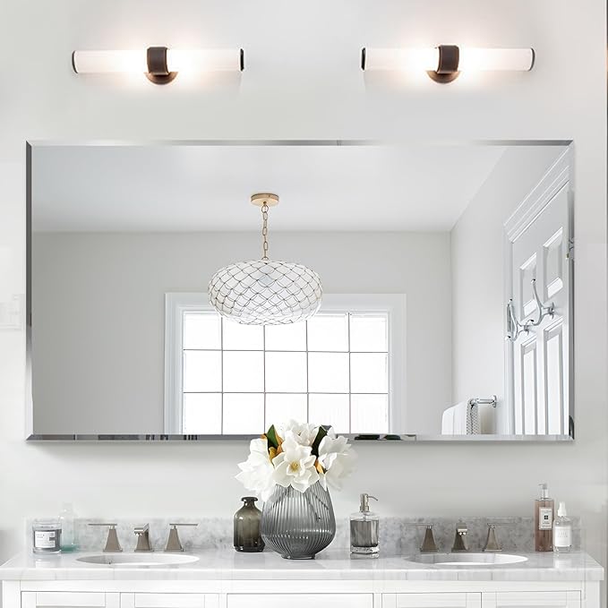 Frameless Beveled Edge Bathroom Mirror 55x30 Inch Rectangle Wall Mirror by LAMCHMOR