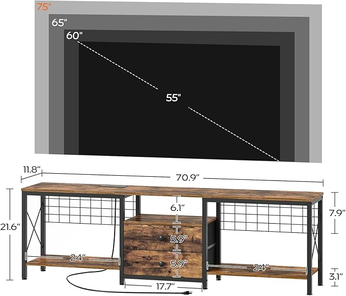 TV Stand with Power Outlet Up to 75 Inch, Entertainment Center with 2 Fabric - Image 5