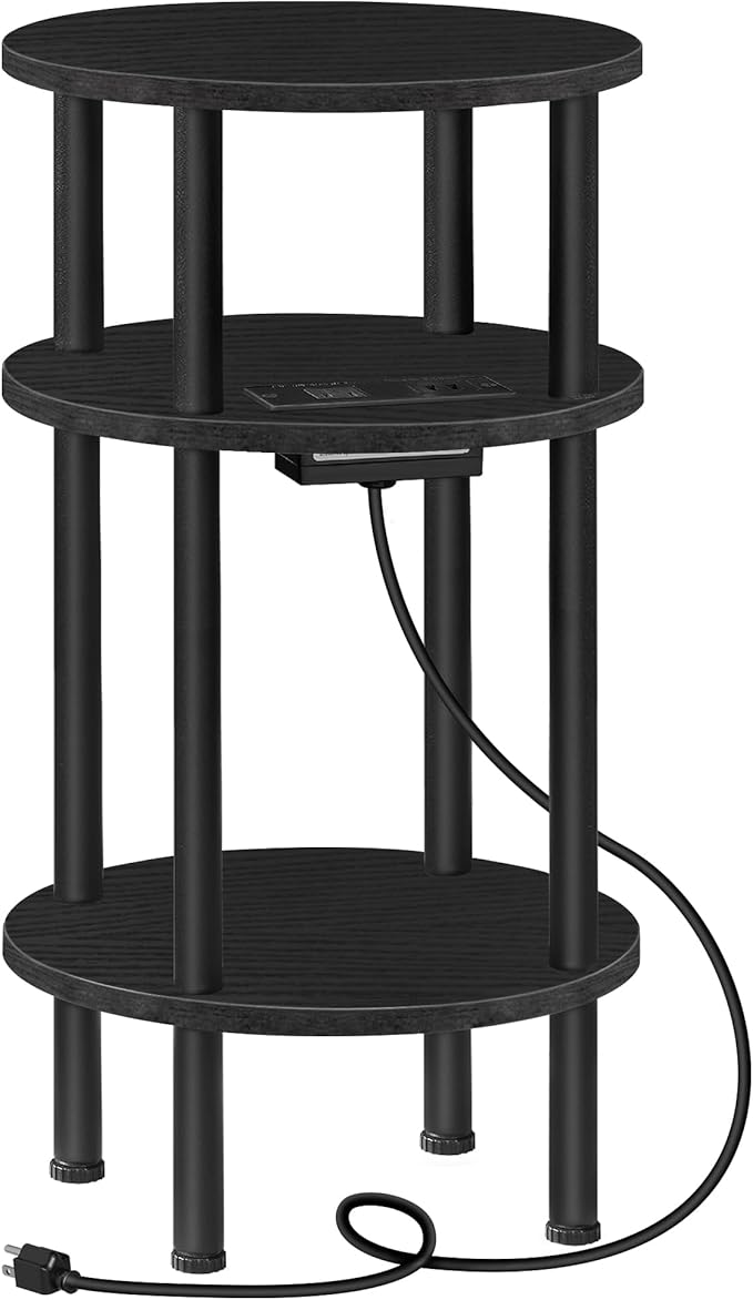 Small Round Side Table with Charging Station, 3-Tier Round End Table by Choezon