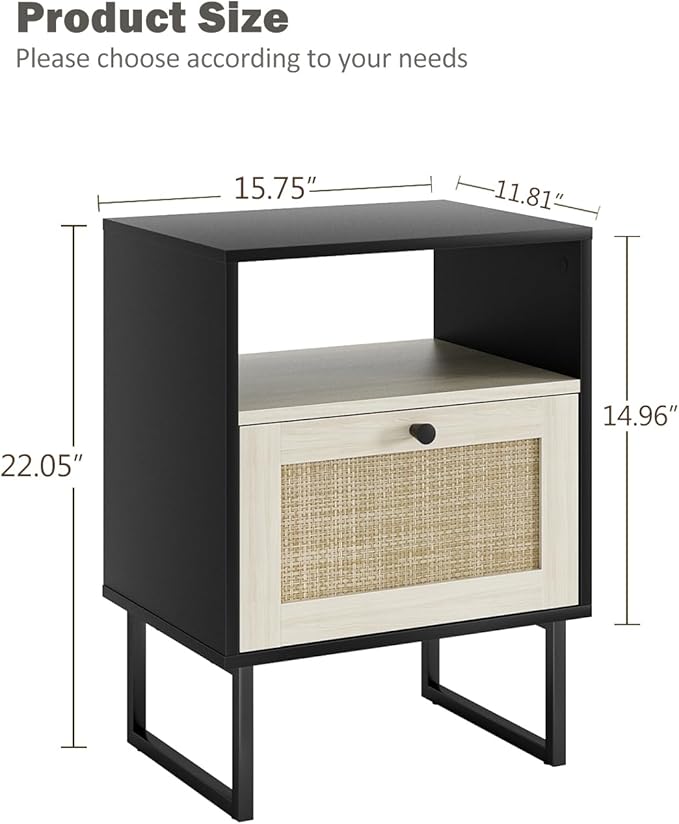 Rattan Nightstand, Boho Night Stand Farmhouse Wood Bedside Table - Image 2