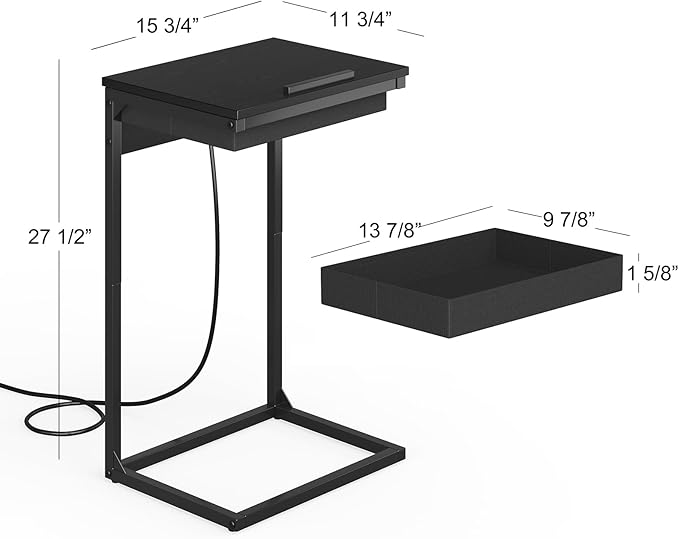 C Shaped End Table with Charging Station, 45° Tiltable Adjustable Flip Top Side - Image 3