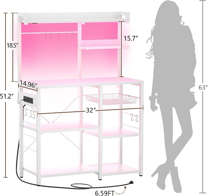 Aheaplus Bakers Rack with Power Outlet and LED Light Strings, Microwave Oven - Image 8