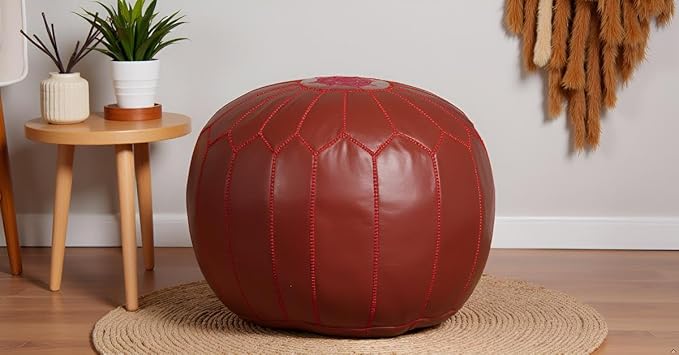Stuffed Round Design Moroccan Leather Pouf Ottoman, Pre-Filled, 100% Genuine - Image 2