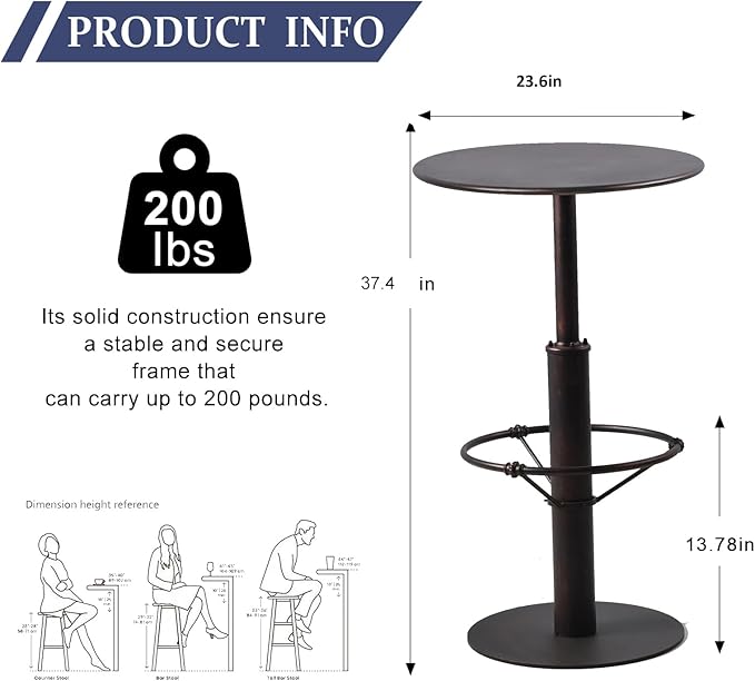 Diwhy Industrial Pub Table 23.6" Iron Round Desktop 37.4" Height Cast Iron Bar - Image 3