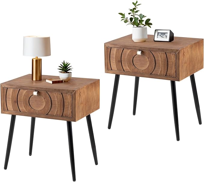 COSIEST End Tables Set of 2, Mid Century Modern Nightstands, Wood Bedside Tables by COSIEST