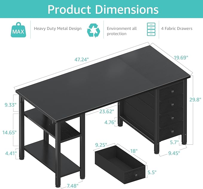 Lufeiya Gaming Desk with 4 Fabric Drawers & Storage Shelves, 47 inch Computer - Image 3