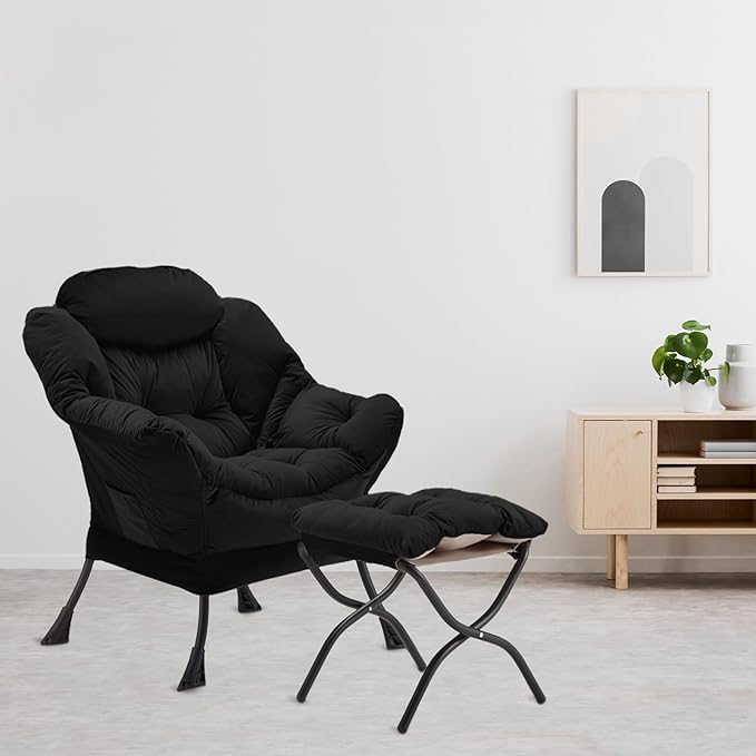 Lazy Chair with Folding Ottoman, Accent Chair Velvet Upholstered with Metal - Image 9