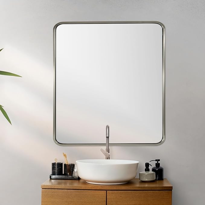 ANDY STAR 40x36 Inch Brushed Nickel Bathroom Mirror, Rounded Rectangle Bathroom - Image 3