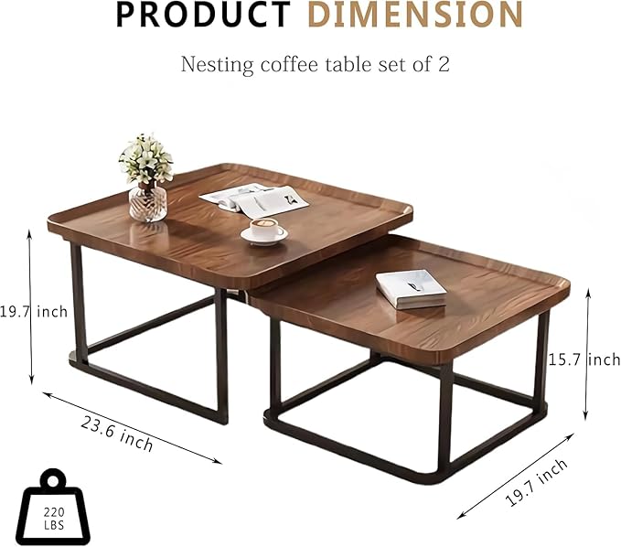 Square Nesting Coffee Table Set of 2, 23.6"+19.7" Nesting Tables, Small Square - Image 2