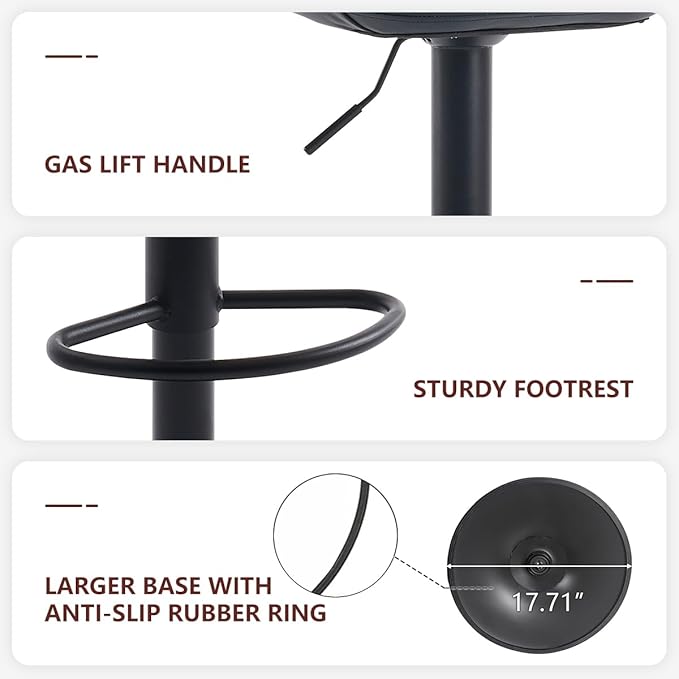Kidol & Shellder Bar Stools Set of 2 Adjustable Swivel Black, PU Leather - Image 4