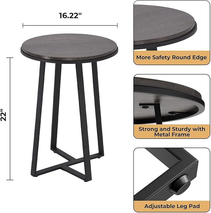 Round End Table, Small Side Table Grey Color MDF Top, Metal Frame Black - Image 2