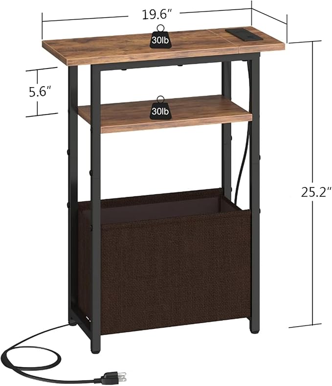 Narrow Side Table with Charging Station Set of 2, Small End Table - Image 3