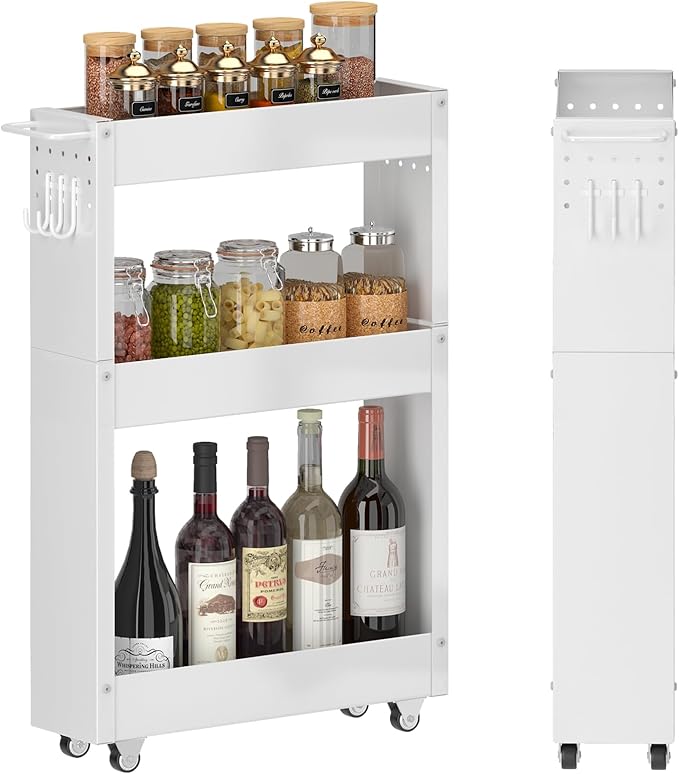 Slim Storage Cart, 5 in Width, 3-Tier White Rolling Cart - Image 2