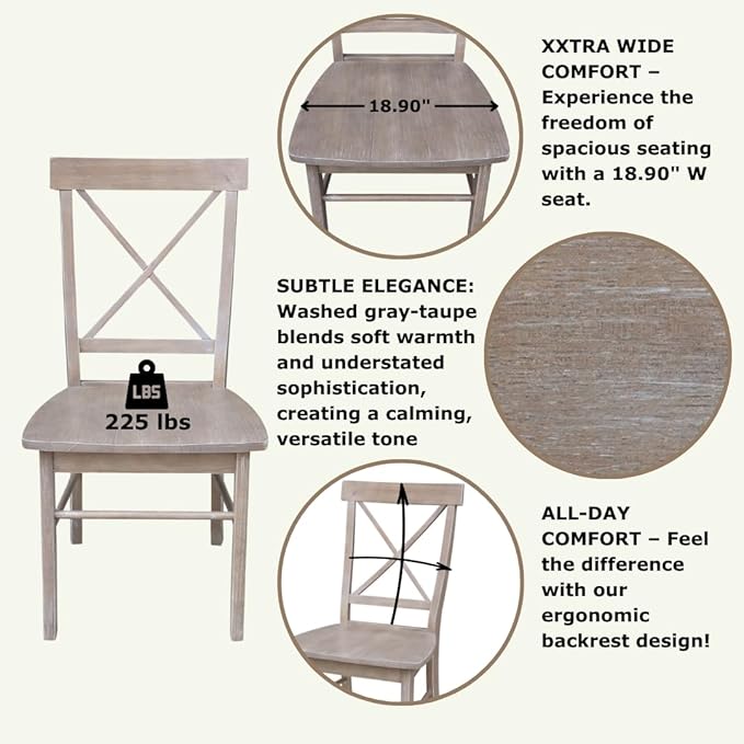 X-Back Dining Chairs Set of 2 Washed Gray Taupe Solid Wood Parawood Construction - Image 5