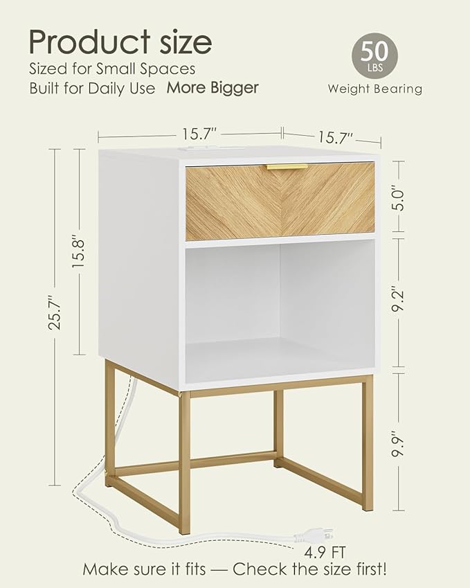 Nightstand with Charging Station, Modern Night Stand Boho Farmhouse Wood - Image 2
