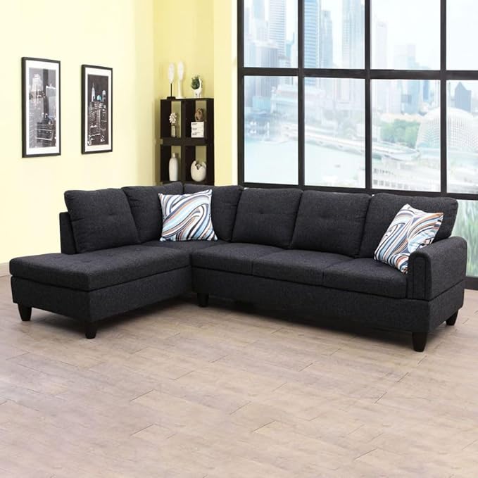 Black Grey L-Shaped 3-Piece Linen Sofa - Image 5