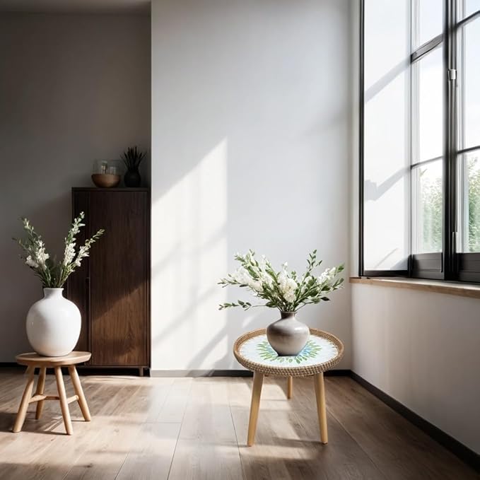 Rattan Round Side Table, Mother of Pearl Inlay Table, Round End/Side Tables - Image 3