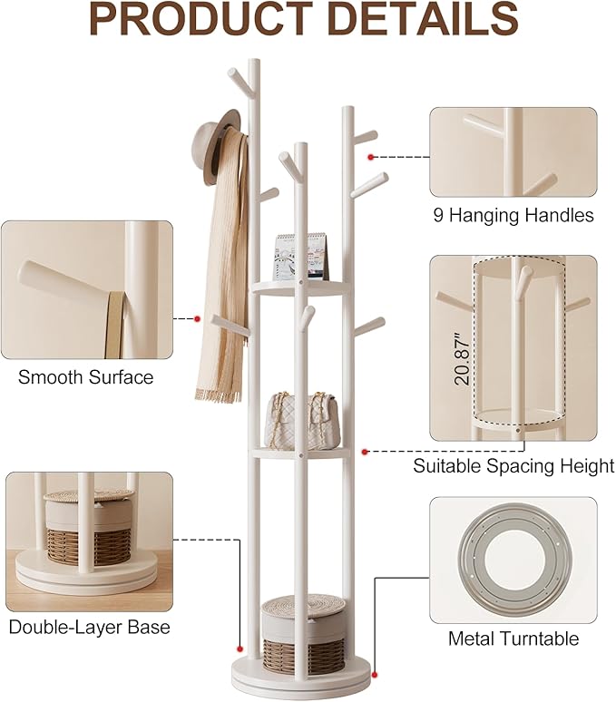 Solid Wood Rotary Coat Rack, Freestanding Coat Rack - Image 5