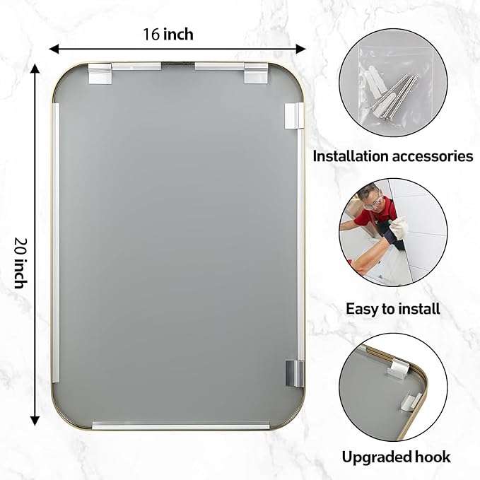 16x20 Inch Gold Bathroom Mirror, Brushed Brass Gold Metal Framed Rectangular - Image 6
