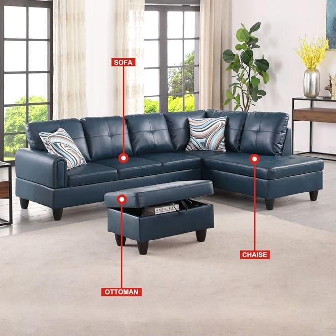 Denim L-Shaped 3-Piece Faux Leather Sofa - Image 3