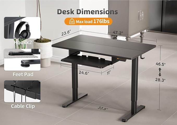 YDN Standing Desk with Keyboard Tray, 48 Inch Height Adjustable Desk with Cable - Image 3