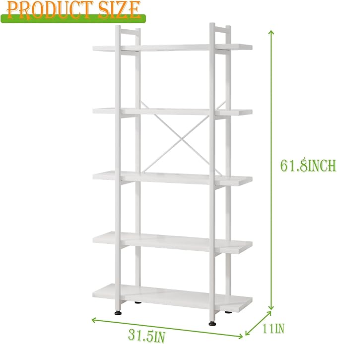 Bookshelf 5 Tiers White Wooden Storage Shelf, Modern Open Display Storage - Image 2
