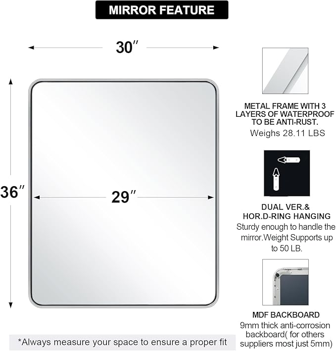 ANDY STAR Chrome Bathroom Mirror, 30x36’’ Rounded Rectangle Mirror Polished - Image 2