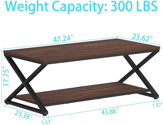 HSH Walnut 2 Tier Storage Coffee Table, Modern Rectangle Center Table - Image 2
