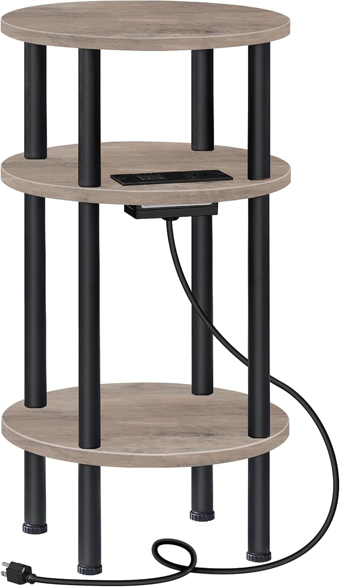 Small Round Side Table with Charging Station, Round End Accent Table, 3-Tier by Choezon