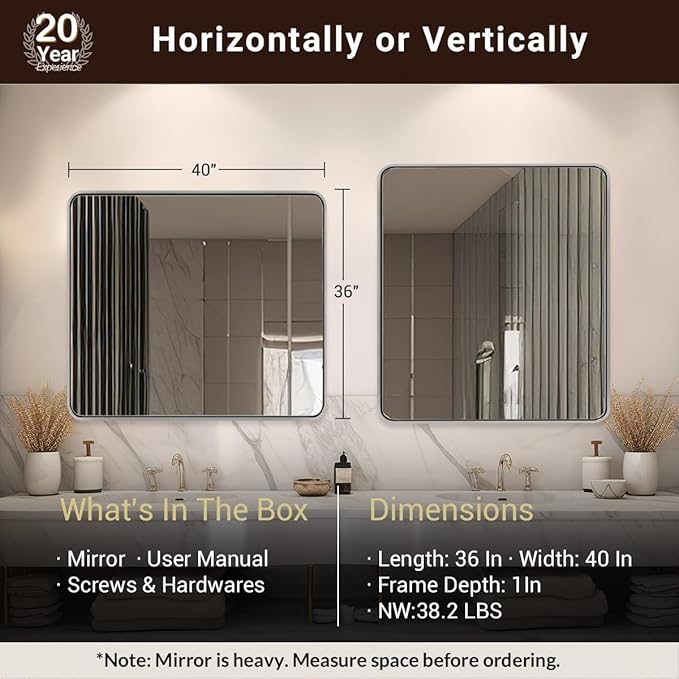 ANDY STAR 40x36 Inch Chrome Bathroom Mirror, Chrome Vanity Mirror - Image 2