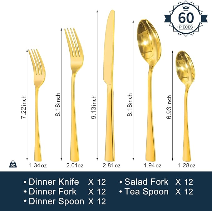 KINGSTONE Silverware Set for 12, 60-Piece Forged 18/10 Stainless Steel Flatware - Image 2