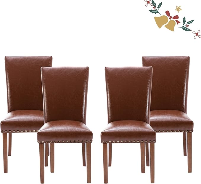 Parsons Dining Chairs Set of 4, Upholstered Nailhead PU Leather Dining Room by COLAMYINC