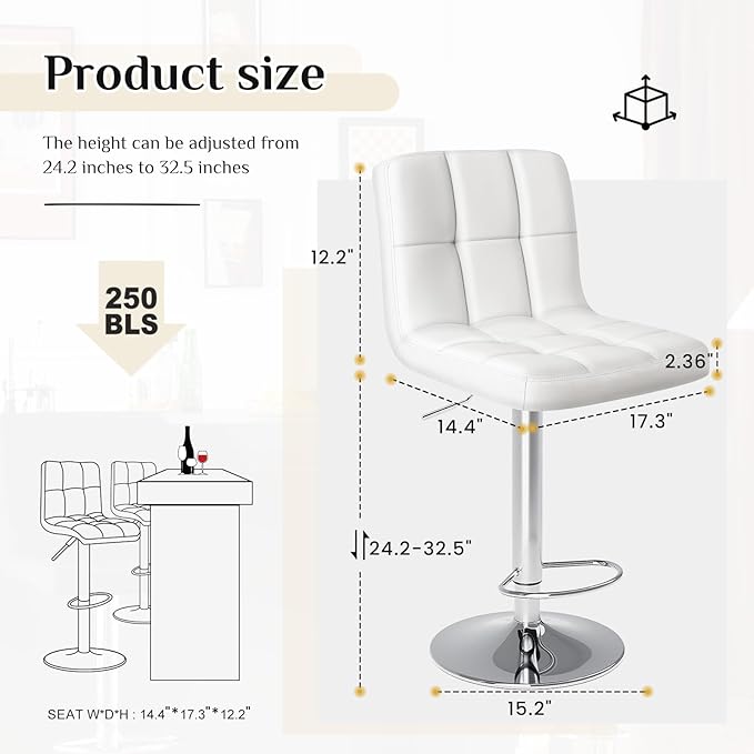 DUMOS Bar Stools Set of 4, 24 inch Counter Height Bar Stools, Upholstered - Image 3
