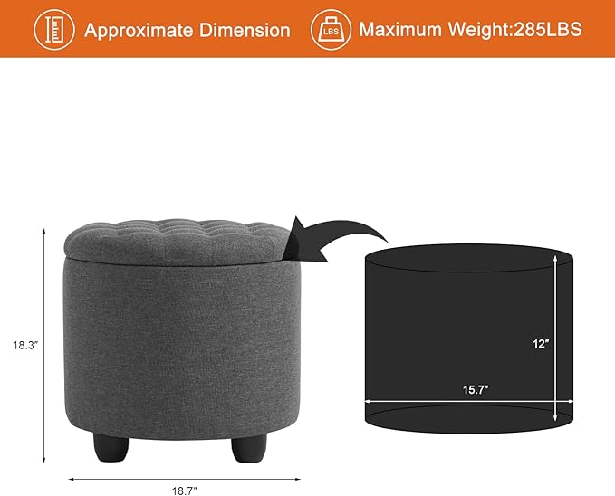 Furniliving 18.7inch Storage Round Ottoman, Footstools - Image 2
