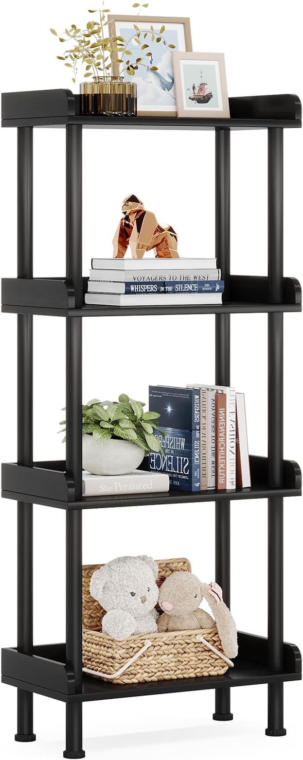 Hosfais Small Wooden Bookcase, 4-Tier Black Rustic Etagere Bookshelf by HosfaisHome